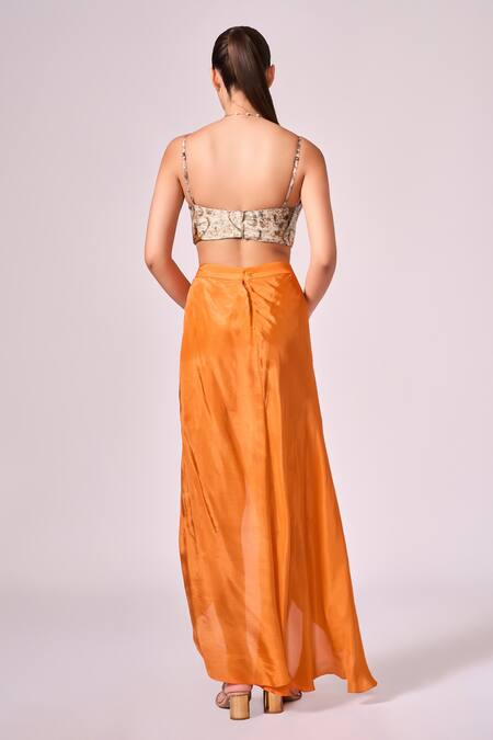 Buy Koswi Brown Viscose Embroidery Round Neck Abstract Floral Print Cape And Skirt Set Buy_Koswi_Brown Viscose Embroidery Round Neck Abstract Floral Print Cape And Skirt Set