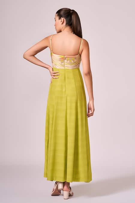 Shop Koswi Green Viscose Square Neck Geometric Print Strappy Maxi Dress at Aza Fashions Shop_Koswi_Green Viscose Square Neck Geometric Print Strappy Maxi Dress _at_Aza_Fashions