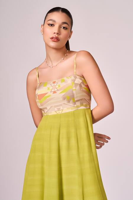 Buy Koswi Green Viscose Square Neck Geometric Print Strappy Maxi Dress Online at Aza Fashions Buy_Koswi_Green Viscose Square Neck Geometric Print Strappy Maxi Dress _Online_at_Aza_Fashions