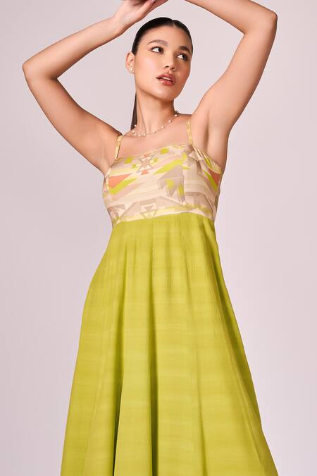 Shop Koswi Green Viscose Square Neck Geometric Print Strappy Maxi Dress Online at Aza Fashions Shop_Koswi_Green Viscose Square Neck Geometric Print Strappy Maxi Dress _Online_at_Aza_Fashions