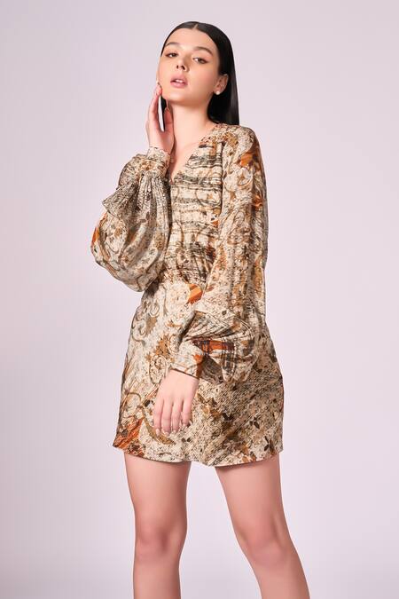 Koswi Brown Viscose V-neck Damask Print Short Dress at Aza Fashions Koswi_Brown Viscose V-neck Damask Print Short Dress _at_Aza_Fashions