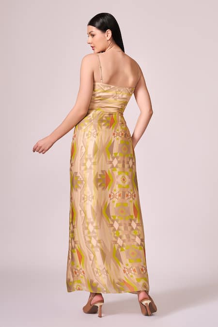 Shop Koswi Green Viscose Square Neck Geometric Matrix Print Strappy Maxi Dress at Aza Fashions Shop_Koswi_Green Viscose Square Neck Geometric Matrix Print Strappy Maxi Dress _at_Aza_Fashions