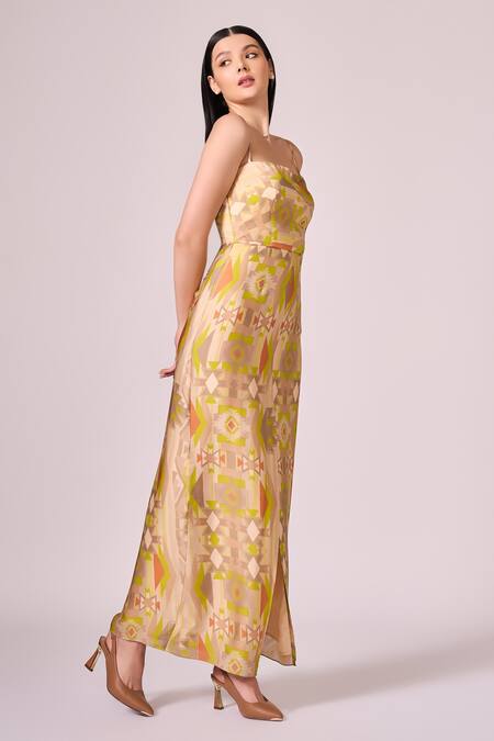 Koswi Green Viscose Square Neck Geometric Matrix Print Strappy Maxi Dress at Aza Fashions Koswi_Green Viscose Square Neck Geometric Matrix Print Strappy Maxi Dress _at_Aza_Fashions