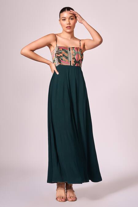 Buy Koswi Multi Color Viscose Square Neck Geometric Aztec Print Strappy Maxi Dress Online at Aza Fashions Buy_Koswi_Multi Color Viscose Square Neck Geometric Aztec Print Strappy Maxi Dress _Online_at_Aza_Fashions