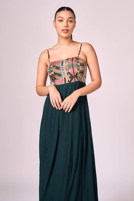 Shop Koswi Multi Color Viscose Square Neck Geometric Aztec Print Strappy Maxi Dress Online at Aza Fashions Shop_Koswi_Multi Color Viscose Square Neck Geometric Aztec Print Strappy Maxi Dress _Online_at_Aza_Fashions