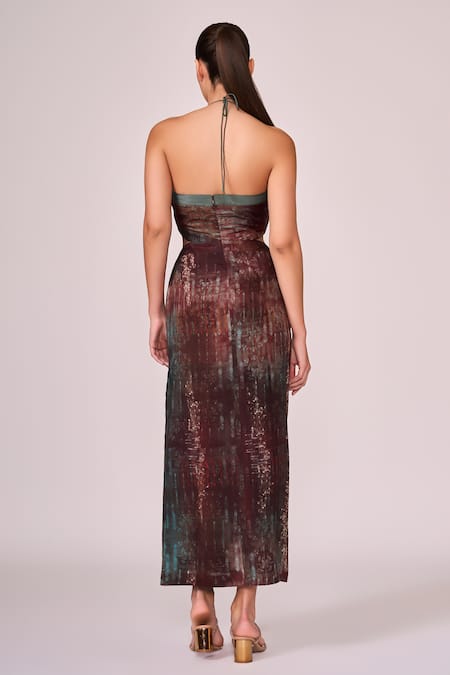 Shop Koswi Maroon Viscose Halter Neck Ambrosia Print Dress at Aza Fashions Shop_Koswi_Maroon Viscose Halter Neck Ambrosia Print Dress _at_Aza_Fashions