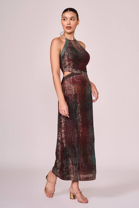 Shop Koswi Maroon Viscose Halter Neck Ambrosia Print Dress Online at Aza Fashions Shop_Koswi_Maroon Viscose Halter Neck Ambrosia Print Dress _Online_at_Aza_Fashions
