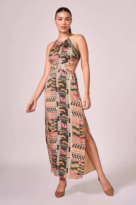 Koswi Aztec Print Halter Neck Dress 