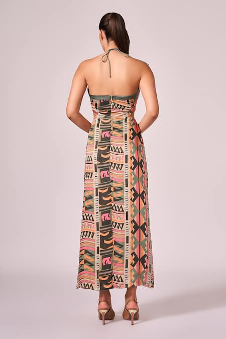 Shop Koswi Multi Color Viscose Halter Neck Aztec Print Dress at Aza Fashions Shop_Koswi_Multi Color Viscose Halter Neck Aztec Print Dress _at_Aza_Fashions