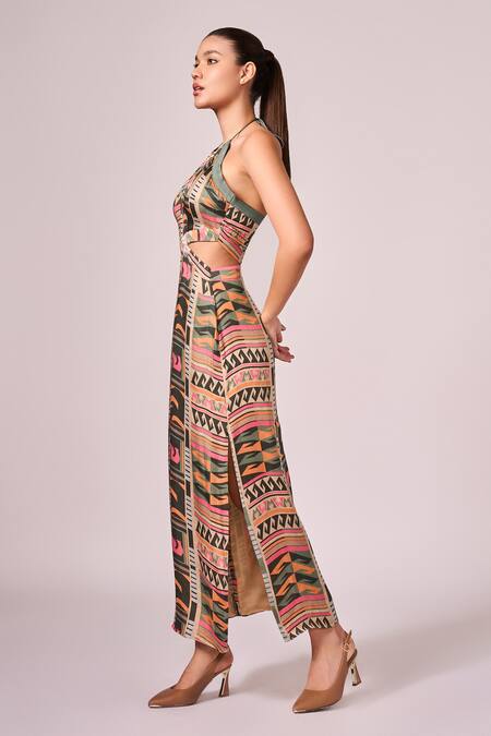 Buy Koswi Multi Color Viscose Halter Neck Aztec Print Dress Online at Aza Fashions Buy_Koswi_Multi Color Viscose Halter Neck Aztec Print Dress _Online_at_Aza_Fashions