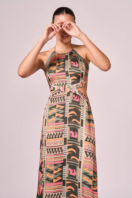 Shop Koswi Multi Color Viscose Halter Neck Aztec Print Dress Online at Aza Fashions Shop_Koswi_Multi Color Viscose Halter Neck Aztec Print Dress _Online_at_Aza_Fashions