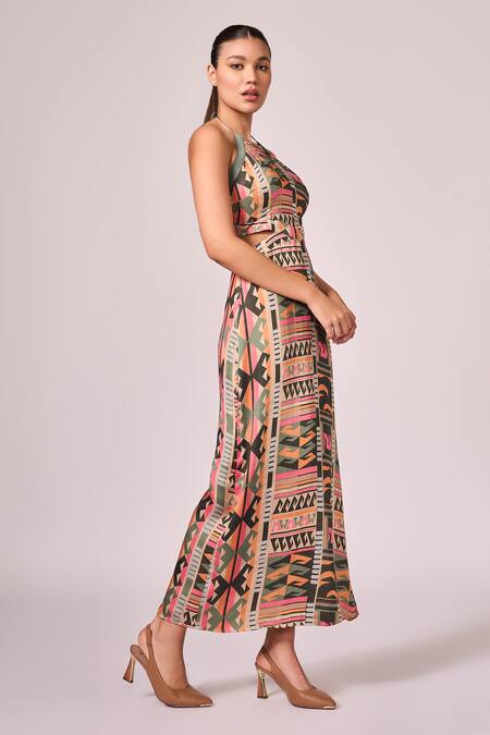 Koswi Multi Color Viscose Halter Neck Aztec Print Dress at Aza Fashions Koswi_Multi Color Viscose Halter Neck Aztec Print Dress _at_Aza_Fashions