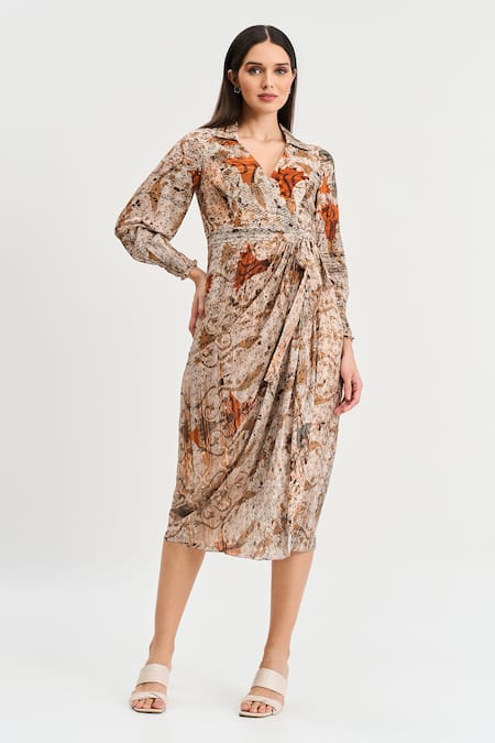 Koswi Damask Bloom Print Wrap Midi Dress 