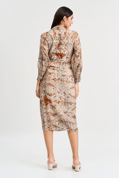 Shop Koswi Brown Viscose Collared Damask Bloom Print Wrap Midi Dress at Aza Fashions Shop_Koswi_Brown Viscose Collared Damask Bloom Print Wrap Midi Dress _at_Aza_Fashions