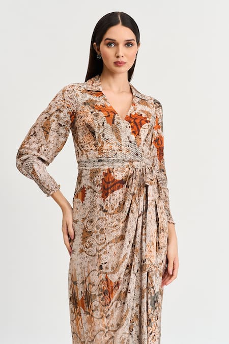 Koswi Brown Viscose Collared Damask Bloom Print Wrap Midi Dress Online at Aza Fashions Koswi_Brown Viscose Collared Damask Bloom Print Wrap Midi Dress _Online_at_Aza_Fashions