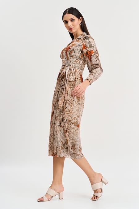 Buy Koswi Brown Viscose Collared Damask Bloom Print Wrap Midi Dress Online at Aza Fashions Buy_Koswi_Brown Viscose Collared Damask Bloom Print Wrap Midi Dress _Online_at_Aza_Fashions