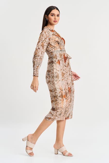 Shop Koswi Brown Viscose Collared Damask Bloom Print Wrap Midi Dress Online at Aza Fashions Shop_Koswi_Brown Viscose Collared Damask Bloom Print Wrap Midi Dress _Online_at_Aza_Fashions