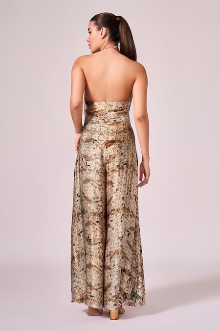 Koswi Damask Bloom Print Halter Neck Jumpsuit 