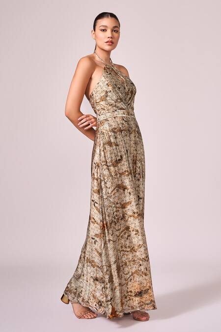 Buy Koswi Brown Viscose Halter Neck Damask Bloom Print Jumpsuit Buy_Koswi_Brown Viscose Halter Neck Damask Bloom Print Jumpsuit