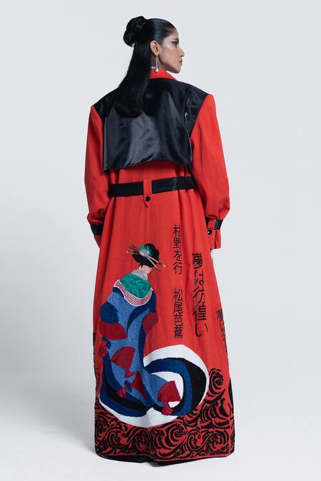 Shop Pocketful Of Cherrie Orange Twill, Cotton, Polyester Embroidery Collared Edo Muse Trench Coat at Aza Fashions Shop_Pocketful Of Cherrie_Orange Twill, Cotton, Polyester Embroidery Collared Edo Muse Trench Coat_at_Aza_Fashions