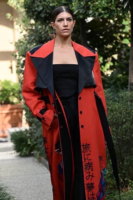 Pocketful Of Cherrie Orange Twill, Cotton, Polyester Embroidery Collared Edo Muse Trench Coat Online at Aza Fashions Pocketful Of Cherrie_Orange Twill, Cotton, Polyester Embroidery Collared Edo Muse Trench Coat_Online_at_Aza_Fashions