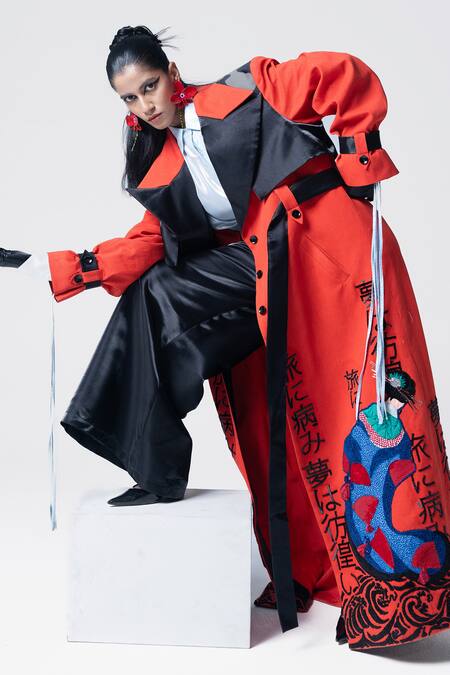 Buy Pocketful Of Cherrie Orange Twill, Cotton, Polyester Embroidery Collared Edo Muse Trench Coat Online at Aza Fashions Buy_Pocketful Of Cherrie_Orange Twill, Cotton, Polyester Embroidery Collared Edo Muse Trench Coat_Online_at_Aza_Fashions