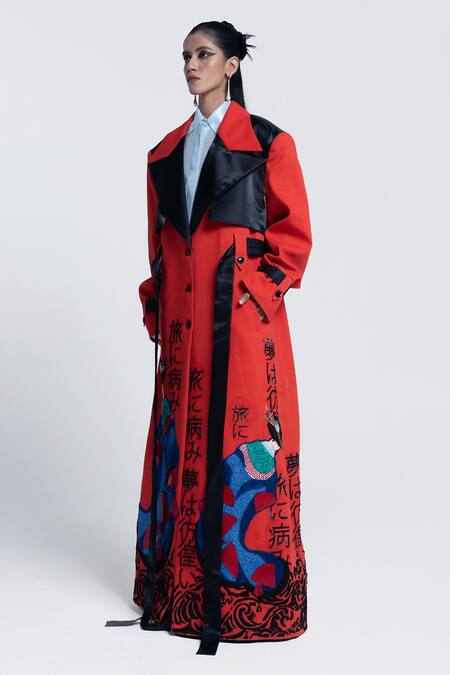 Shop Pocketful Of Cherrie Orange Twill, Cotton, Polyester Embroidery Collared Edo Muse Trench Coat Online at Aza Fashions Shop_Pocketful Of Cherrie_Orange Twill, Cotton, Polyester Embroidery Collared Edo Muse Trench Coat_Online_at_Aza_Fashions