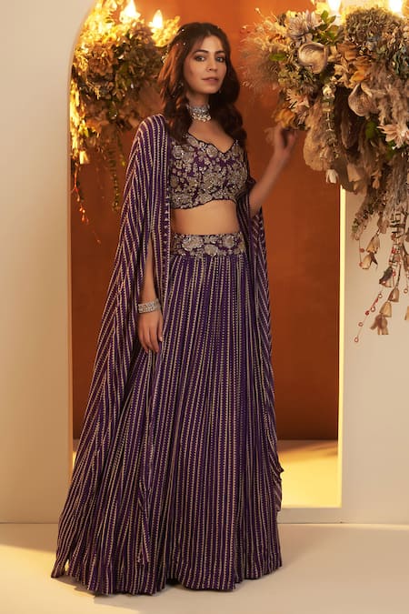 BAIDEHI Purple Chinon Georgette Digital Print Bandhani Blouse Lehenga Set With Cape 