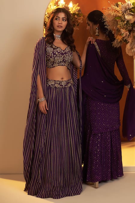 Baidehi_Purple Chiffon, Cotton Sequins, Cut Work, Bandhani Print Lehenga Set With Cape _Online_at_Aza_Fashions