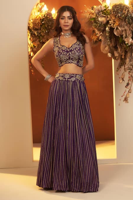 Buy_Baidehi_Purple Chiffon, Cotton Sequins, Cut Work, Bandhani Print Lehenga Set With Cape _Online_at_Aza_Fashions