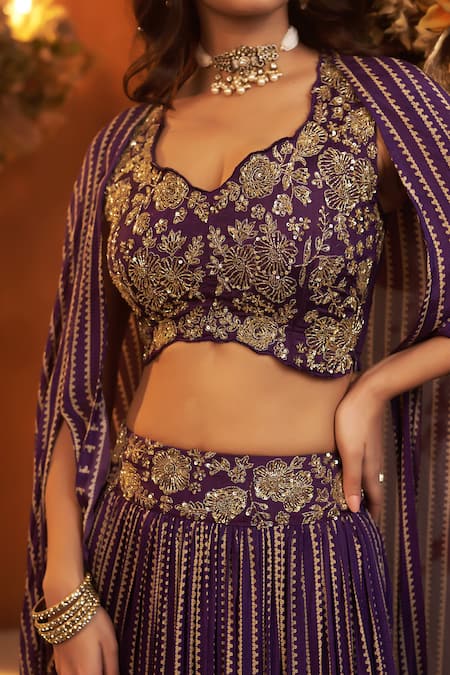 Buy_Baidehi_Purple Chiffon, Cotton Sequins, Cut Work, Bandhani Print Lehenga Set With Cape 