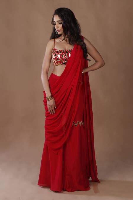 Shop_The Pink Penguin By Charmy_Red Chiffon Mirrors, Cut Work Scoop Neck Embroidered Sharara Saree With Blouse _Online_at_Aza_Fashions