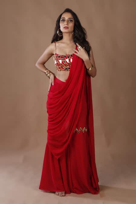 The Pink Penguin By Charmy_Red Chiffon Mirrors, Cut Work Scoop Neck Embroidered Sharara Saree With Blouse _at_Aza_Fashions