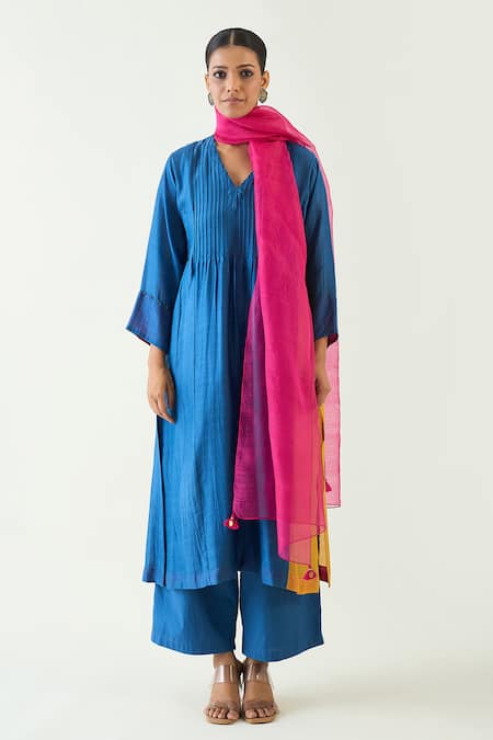 Shivani Bhargava Blue Cotton Silk Pintuck V Neck Kriya Detailed Kurta Pant Set 