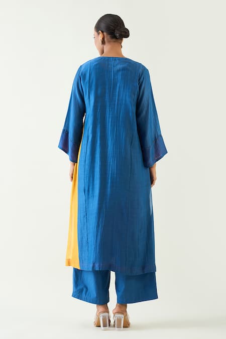 Shop Shivani Bhargava Blue , Handloom Beads V-neck Kriya Pintuck Detailed Kurta Pant Set at Aza Fashions Shop_Shivani Bhargava_Blue , Handloom Beads V-neck Kriya Pintuck Detailed Kurta Pant Set _at_Aza_Fashions