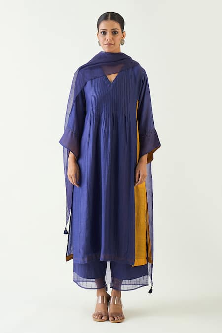 Shivani Bhargava Blue Cotton Silk Pintuck V Neck Urvi Detailed Kurta Pant Set 