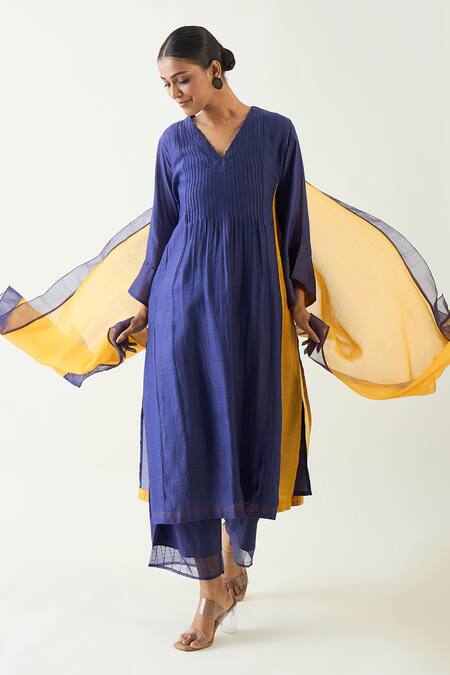 Buy Shivani Bhargava Blue Cotton Beads V-neck Urvi Pintuck Detailed Kurta Pant Set Online at Aza Fashions Buy_Shivani Bhargava_Blue Cotton Beads V-neck Urvi Pintuck Detailed Kurta Pant Set _Online_at_Aza_Fashions