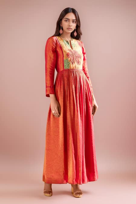 Samyukta Singhania Pink Kurta Tissue Embroidered Cutdana Round Floral Yoke Anarkali And Pant Set 