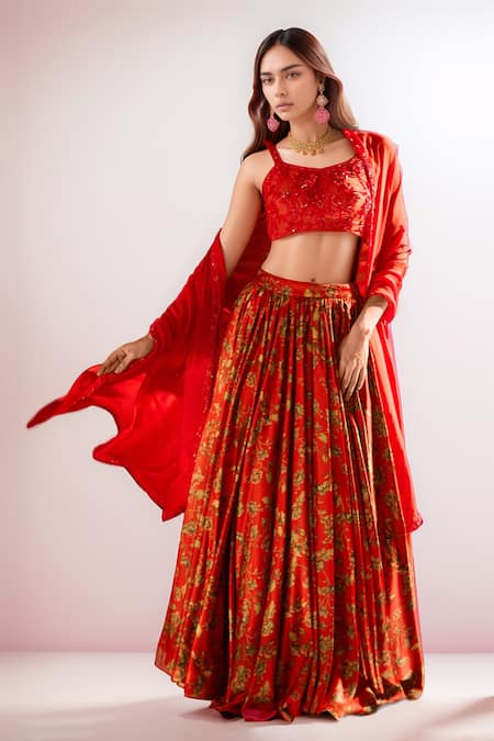 PAC FASHION CLOTHING Floral Print Pleated Lehenga Set 