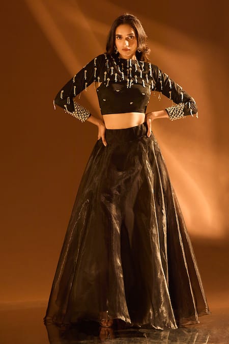 Shop_Samyukta Singhania_Black Linen Beads Sweetheart Neck Embroidered Cape Lehenga Set _at_Aza_Fashions