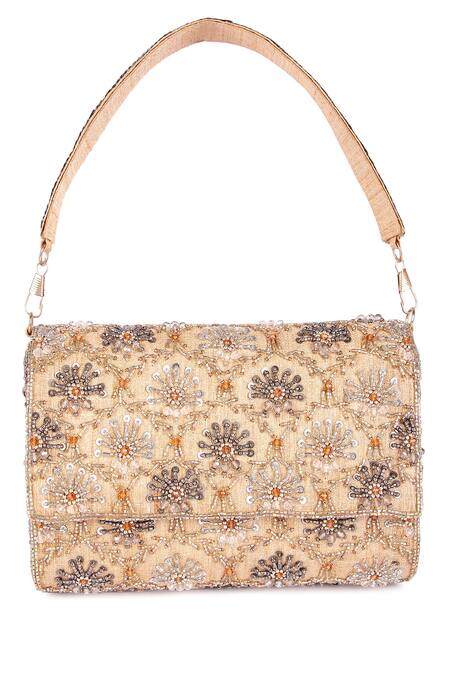 The Purple Sack_Gold Cut Work, Sequins Floral And Cutdana Embroidered Clutch Bag _Online_at_Aza_Fashions