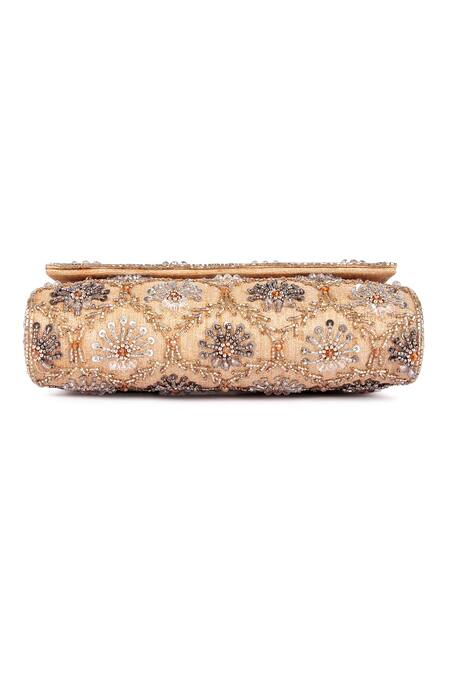 Shop_The Purple Sack_Gold Cut Work, Sequins Floral And Cutdana Embroidered Clutch Bag _Online_at_Aza_Fashions