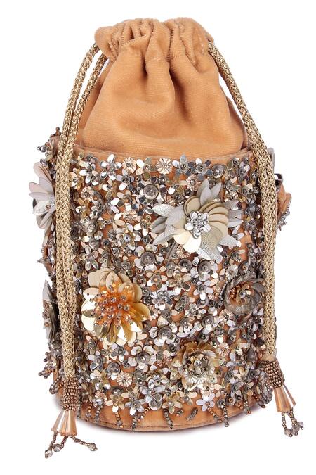 Shop The Purple Sack Gold Sequins, Applique Floral Embroidered Bucket Bag at Aza Fashions Shop_The Purple Sack_Gold Sequins, Applique Floral Embroidered Bucket Bag _at_Aza_Fashions