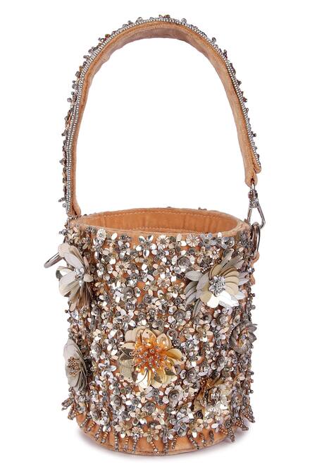 The Purple Sack Gold Sequins, Applique Floral Embroidered Bucket Bag Online at Aza Fashions The Purple Sack_Gold Sequins, Applique Floral Embroidered Bucket Bag _Online_at_Aza_Fashions