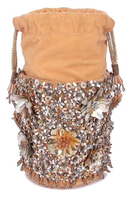 Shop The Purple Sack Gold Sequins, Applique Floral Embroidered Bucket Bag Online at Aza Fashions Shop_The Purple Sack_Gold Sequins, Applique Floral Embroidered Bucket Bag _Online_at_Aza_Fashions
