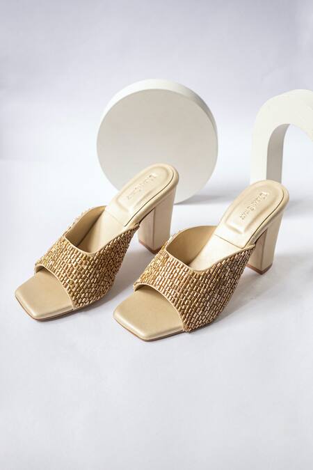 Urbansway_Gold Cutdana Retro Embroidered Block Heels _Online_at_Aza_Fashions