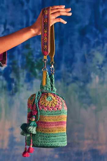 CAPISVIRLEO_Green Embroidery, Tassels Poso Floral Crochet Potli Bag _Online_at_Aza_Fashions