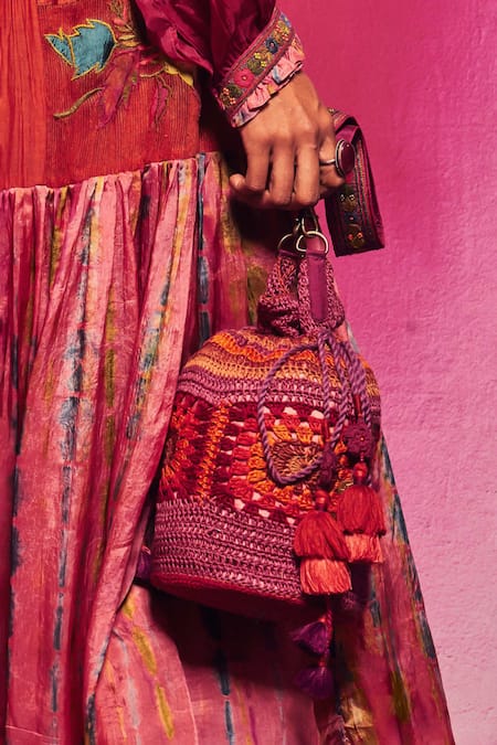 Capisvirleo_Pink Poso Flora Crochet Potli Bag _Online_at_Aza_Fashions