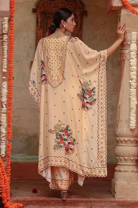 Shop Gazab by Miku Kumar Ivory Muslin Embroidery Round Neck Janya Printed Kaftan With Pant at Aza Fashions Shop_Gazab by Miku Kumar_Ivory Muslin Embroidery Round Neck Janya Printed Kaftan With Pant _at_Aza_Fashions