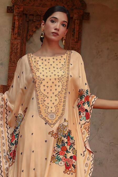 Buy Gazab by Miku Kumar Ivory Muslin Embroidery Round Neck Janya Printed Kaftan With Pant Buy_Gazab by Miku Kumar_Ivory Muslin Embroidery Round Neck Janya Printed Kaftan With Pant